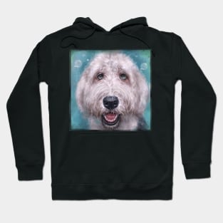 Painting of an Old English Sheep Dog on Blue Background Hoodie